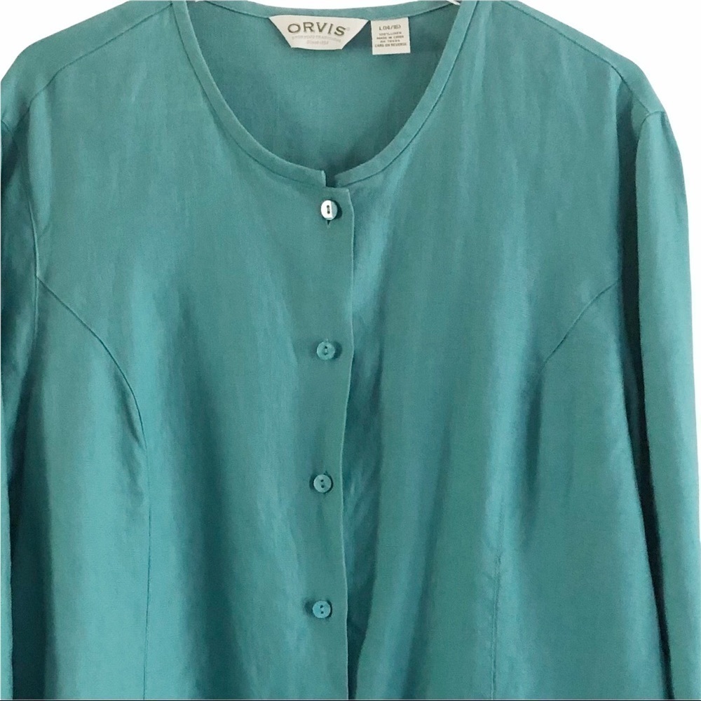 Orvis 100% Linen Teal Lagenlook Blouse Large - Picture 3 of 9